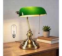 FIRVRE Lampe de Bureau Vintage, Lampe de Banquier avec LED Ampoule, Lumiere Bureau en Verre Vert avec Chaîne à Tirer, pour Salle de Travail, Chevet