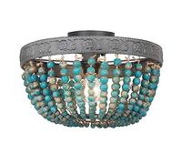 FIRVRE Lustre Bleu Perle de Bois Naturel Pendentif Bohème Vintage Rustique Boho Beachy Plafonnier Lustre en Bois de Ferme Pour Cuisine Couloir Entrée Chambre Salon Décoration