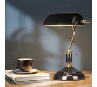 FIRVRE Noir Lampe de Bureau en Verre pour Banquier avec Pied Noir Lampe de Table avec Interrupteur à Chaîne à Tirer pour Bureaux Salles D'études et Chambres à Coucher Bibliothèques