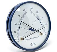 Fischer 142.48, thermo-hygromètre d'intérieur, verre, acier inoxydable bleu | hygromètre synthétique et thermomètre bimétallique, plage de mesure 20-100 % HR et 0-40 °C, diamètre 100 mm, Made in Germany