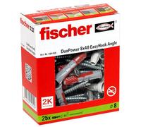 fischer 564169 Angle Lot de 25 vis à crochet d'angle et chevilles DuoPower 8 x 40 aggloméré avec crochet, crochets flexibles pour montage dans nombreux matériaux construction EasyHook Blanc