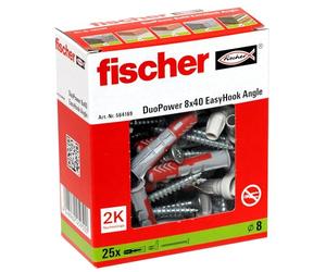 fischer 564169 Angle Lot de 25 vis à crochet d'angle et chevilles DuoPower 8 x 40 aggloméré avec crochet, crochets flexibles pour montage dans nombreux matériaux construction EasyHook Blanc