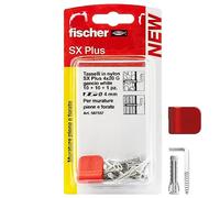 Fischer 567557 Lot de 10 crochets carrés blancs avec chevilles de 4 mm et clips de fixation, installation propre sur mur pour cadres lourds