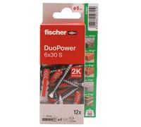 fischer Duopower 6 x 30 avec vis - 12U, chevilles murales multi-matériaux, pour accrocher des vélos, des cadres, des armoires, des supports de télévision, des étagères, des meubles.