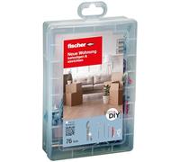 fischer easyDIY Boîte de 76 pièces de chevilles et de vis, 5-6 mm de diamètre, 25-30 mm de longueur, pour déménagement, bricolage, avec crochets, griffes, vis, embout, décapsuleur