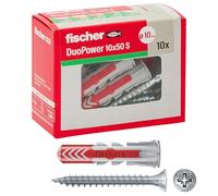 Fischer Lot de 10 chevilles Duopower avec vis, 10 x 50 mm, pour mur plein, brique perforée, cloison sèche, gris