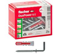Fischer Lot de 25 chevilles Duopower avec crochet moyen, gris/rouge, 6 x 30 mm, universelles pour mur plein, brique perforée, cloison sèche, 541744