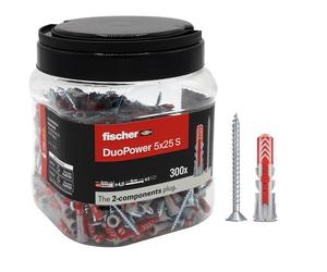Fischer Propack Duopower 5 x 25, 300 chevilles avec vis en pot réutilisable, pour fixation sur béton, maçonnerie et cloison sèche, 572884