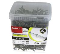 fischer - Seau de 1 500 Chevilles à Frapper 5 x 30 en Acier électrozingué, collerette Plate, Clou à Empreinte Pozidriv