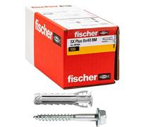 Fischer SX Plus BM 8 x 40 mm avec vis à tête hexagonale | Lot de 100 chevilles pour mur plein, brique perforée, maçonnerie, béton | Fixation de lustres, meubles, armoires, étagères