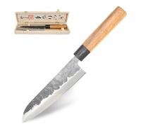 Fishtec Couteau Cuisine de Chef 18 cm - Lame Acier Japonais Martelé 2.5 mm Robustesse 58 HRC - Couteau Professionnel Tout Usage - Manche en Palissandre - Coffret Cadeau en Bois