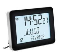 FISHTEC Horloge Digitale Radio-pilotée Date Complète Noir | Affichage date complète en 6 langues, chiffres de 3 cm, double alarme snooze, adaptateur secteur fourni, boîtier ABS