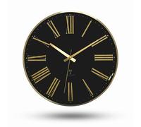 Fishtec Horloge murale Chiffres romains silencieuse – Fond noir, cadre doré, verre bombé Ø30,5 cm