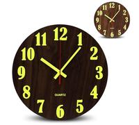 FISHTEC Horloge Murale Effet Bois Phosphorescente | Pendule silencieuse à mouvement continu, sans bruit pour chambre ou salon, grands chiffres et aiguilles luminescents, 25cm