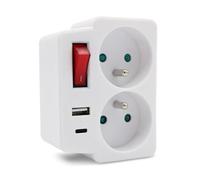 FISHTEC Multiprise Murale avec 2 Prises Secteur + 1 Port USB-A + 1 USB-C - Interrupteur Économie d'Énergie, Protection Enfant, 3500W, Charge Rapide, Blanc Compact