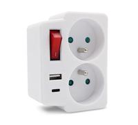 FISHTEC Multiprise Murale avec 2 Prises Secteur + 1 Port USB-A + 1 USB-C - Interrupteur Économie d'Énergie, Protection Enfant, 3500W, Charge Rapide, Blanc Compact