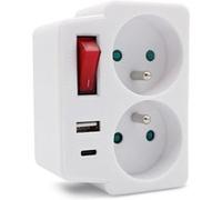 FISHTEC Multiprise Murale avec 2 Prises Secteur + 1 Port USB-A + 1 USB-C - Interrupteur Économie d'Énergie, Protection Enfant, 3500W, Charge Rapide, Blanc Compact Blanc