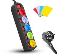 FISHTEC Multiprise 5 prises Schuko +2 USB, prises colorées et interrupteurs individuels, 3680W, câble 180 cm