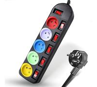 FISHTEC Multiprises 5 Prises Couleur avec Stickers - Bloc Multiprise Couleur - Interrupteur Général + pour Chaque Sortie + Stickers d'Identification - Longueur Câble 150 CM - 30 x 8 cm - Noire