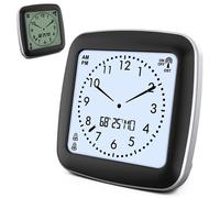 FISHTEC Réveil digital radiopiloté silencieux température jour humidité 7 langues 2 alarmes rétroéclairage 9 cm