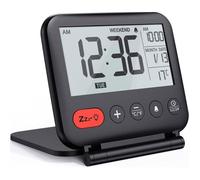 Fishtec - Réveil Numérique de Voyage Compact, Écran LCD 3,23", Heure 12/24h, Date, Température, Alarme W nd, Snooze, Rétroéclairage Bleu, Miroir Pliable, ABS, Pile CR2032, 9x8,5 cm