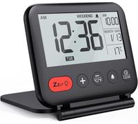 Fishtec - Réveil Numérique de Voyage Compact, Écran LCD 3,23", Heure 12/24h, Date, Température, Alarme W nd, Snooze, Rétroéclairage Bleu, Miroir Pliable, ABS, Pile CR2032, 9x8,5 cm