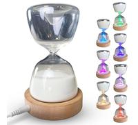 FISHTEC - Sablier Lumineux 15 Minutes - LED 7 Couleurs 3 Modes Recharge USB Verre Organique Perles De Verre Bois De Hêtre Ø9.7x16 cm Objet Décoratif Chronomètre Jeux Veilleuse