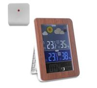 FISHTEC Station Météo Écran XL Radio Pilotée Effet Bois Argenté | Capteur extérieur, phases lunaires, double alarme réveil, humidité, température, luminosité réglable, maison cuisine bureau
