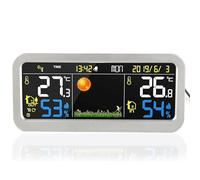 FISHTEC Station Météo Radio Pilotée Écran Couleur XL Effet Bois | Capteur extérieur sans fil, température, humidité, phases lunaires, double alarme, intensité réglable, salon, bureau, 16.5 cm