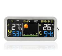 FISHTEC Station Météo Sans Fil avec Température Intérieur et Exterieur - RadioPilotée -Grand Ecran LCD 17.5 x 8.1 CM Alimentation USB ou Piles 7 Langues Fonction Réveil Horloge Argent