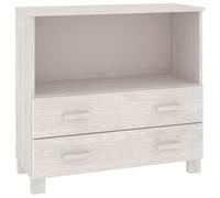 Fisinber Buffet Hamar - Blanc - 85 x 35 x 80 cm - Commode en pin massif | Meuble haut polyvalent pour salon et chambre à coucher avec 1 compartiment ouvert, 2 tiroirs spacieux et poignées en bois.