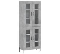 Fisinber Buffet haut gris béton 69,5 x 34 x 180 cm | Élégante vitrine aspect béton avec éléments en verre et pieds en métal pour salon, salle à manger ou couloir.