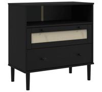 Fisinber Buffet noir 80 x 40 x 80 cm aspect rotin bois de pin | Armoire d'appoint élégante au design bohème pour le salon et la chambre à coucher avec beaucoup d'espace de rangement et
