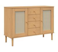 Fisinber Buffet SENJA aspect rotin bois de pin marron 112 x 40 x 80 cm | Commode élégante au design bohème avec portes en rotin synthétique et 4 tiroirs pour salon, couloir et chambre à coucher.