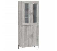 Fisinber Meuble haut gris Sonoma 69,5 x 34 x 180 cm en bois | Armoire multifonction en deux parties avec portes en verre et pieds en métal pour salon, couloir ou chambre à coucher.