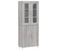 Fisinber Meuble haut gris sonoma 69,5 x 34 x 180 cm en bois | Élégante commode avec portes vitrées en verre et pieds en métal solides pour le salon et le couloir. Offre beaucoup d'espace