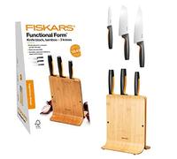 Fiskars Bloc de Couteaux en Bambou avec 3 Couteaux, Functional Form | Comprenant Couteau d'Office, Couteau de Chef Santoku et Couteau de Chef, Plastique, Bambou, 1057553
