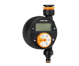 Fiskars CF Programmateur, 1 Sortie | Pour toutes les Tailles de Robinets courantes, Écran LCD facile à lire, Taille universelle, 380 g, Noir/Orange, 1054791