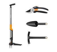 Fiskars Ergonomic Kit Complet de Jardinage, 4 Pièces, Désherbeur, Houe, Transplantoir et Sécateur, pour Le Désherbage, Le Travail du Sol et l'Entretien des Plantes, Noir/Orange, 1082770