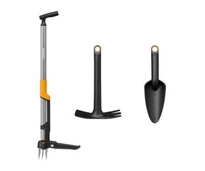 Fiskars Ergonomic Kit de Jardinage de Base, 3 Pièces, Désherbeur | Houe et Transplantoir, pour Le Désherbage, Le Travail du Sol et la Plantation, Noir/Orange, 1082772