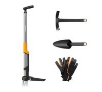 Fiskars Ergonomic Kit pour Le Jardinage et l'Entretien des Sols, 4 Pièces : Désherbeur, Houe, Transplantoir et Gants de Travail, pour l'Entretien Professionnel des Parterres, Noir/Orange, 1082771