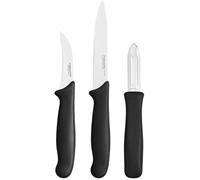 Fiskars Set d'Épluchage, 3 Pièces: Couteau à Éplucher (11 cm), Couteau à Légumes (7 cm), Économe/Éplucheur (7 cm), Essential, Acier Inoxydable/Plastique PP, Noir, 1065600