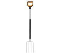 Fiskars Fourche à bêcher pour sols durs et pierreux, Avec 4 dents, Longueur : 120 cm, Dents en acier de qualité/manche en plastique renforcé de fibres de verre, Noir/Orange, Xact, L, 1070716