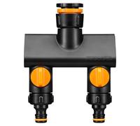 Fiskars Nez de Robinet 2 Sorties à Filetage, avec Interrupteurs on/Off | Pour 3 Tailles de Filetage Ø 21 mm (1/2"), Ø 26,5 mm (3/4") et Ø 33,3 mm (1"), Comfort, Noir/Orange, 1070577