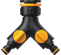 Fiskars Nez de robinet 2 sorties Multi-filetage, valve on/off, Ø21/26,5/33,3 mm, noir/orange