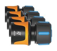 Fiskars Raccord de Tuyau, avec Mécanisme d'Arrêt, Points de contact SoftGrip, Taille universelle, Ø 1,3-1,5 cm (1/2-5/8''), 32 g, Noir/Orange/Bleu, 1027080 (Lot de 4)