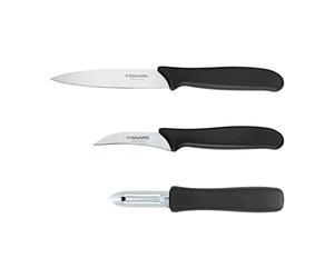 Fiskars Set d'Épluchage, 3 Pièces: Couteau à Éplucher (11 cm) | Couteau à Légumes (7 cm), Économe/Éplucheur (7 cm), Essential, Acier Inoxydable/Plastique PP, Noir, 1065600
