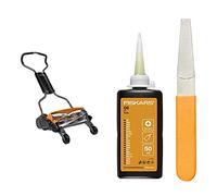 Fiskars Tondeuse à gazon manuelle, Tondeuse à cylindre avec système de coupe sans frottement des lames & Kit d’entretien pour les outils de coupe,Avec lime diamant, flacon d’huile et guide d’entretien