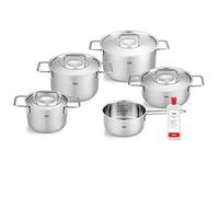 Fissler Collection Pure Jeu De Faitouts/sautoir/casserole En Inox, 6 Pièces Dont 4 À Couvercle En Métal (3 Faitouts, 1 Sautoir, 1 Casserole À Queue, 1 Nettoyant Inox), Compatible Induction
