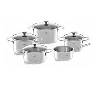 Fissler Copenhagen Jeu de 5 Faitouts/Cocotte/Casserole en Acier Inoxydable avec Couvercle en Verre, Tout Type de Feu (3 Faitouts, 1 Sautoir, 1 Casserole Sans Couvercle)